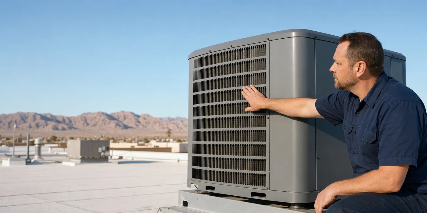 Technician checking a commercial rooftop air conditioning unit in Las Vegas