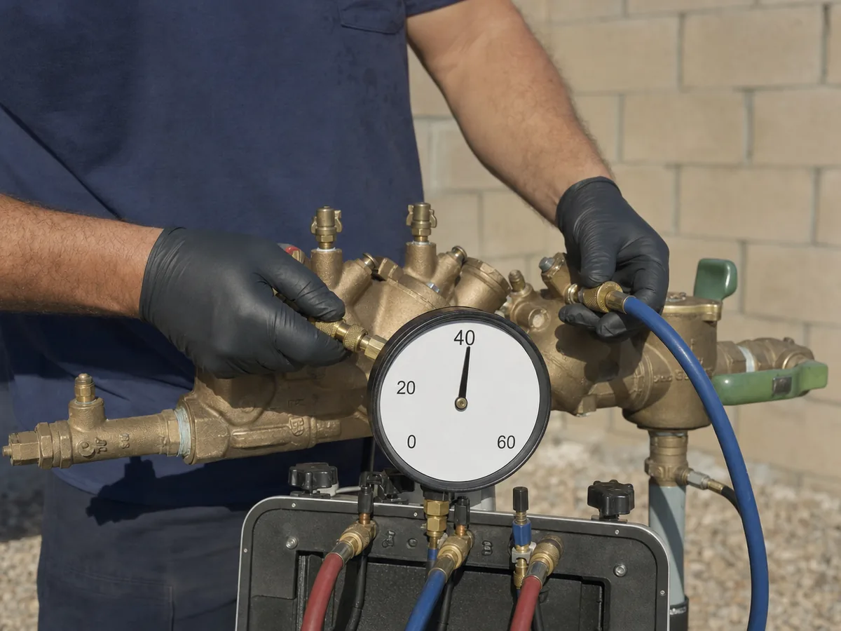 Gloved hands connecting a backflow test kit to a brass assembly