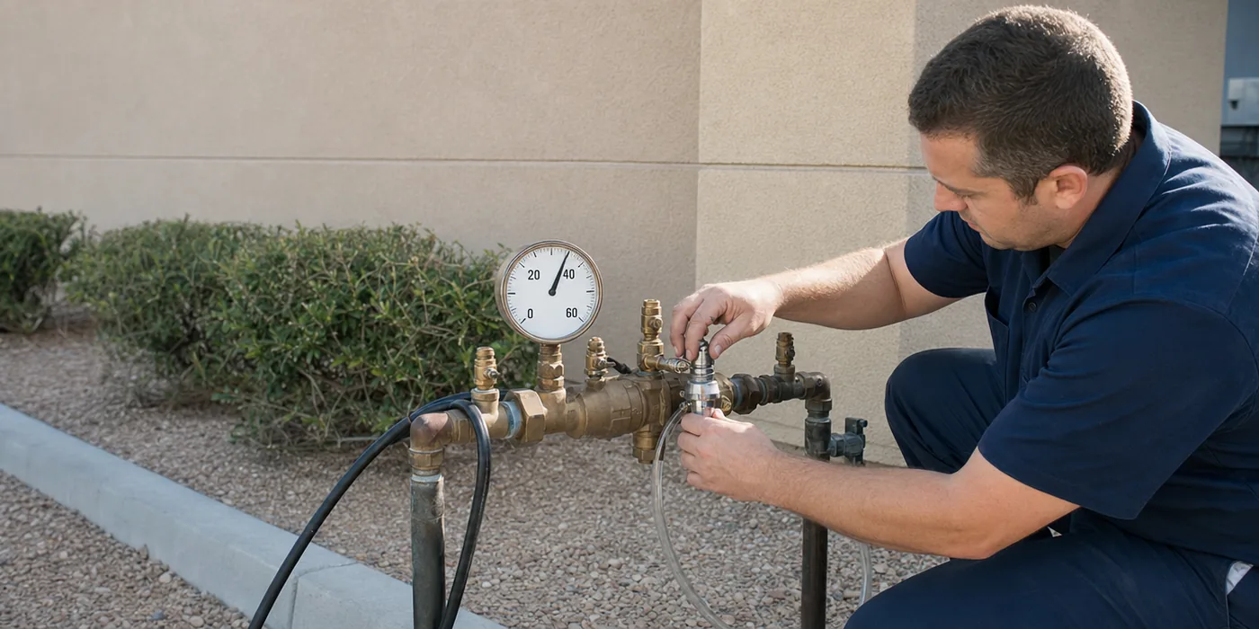 Plumber testing a commercial backflow prevention assembly in Las Vegas