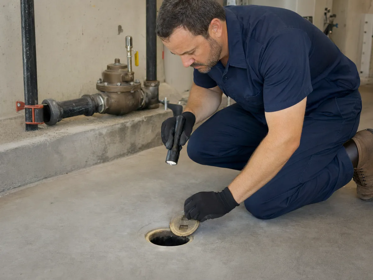 Plumber opening a commercial floor cleanout with a flashlight