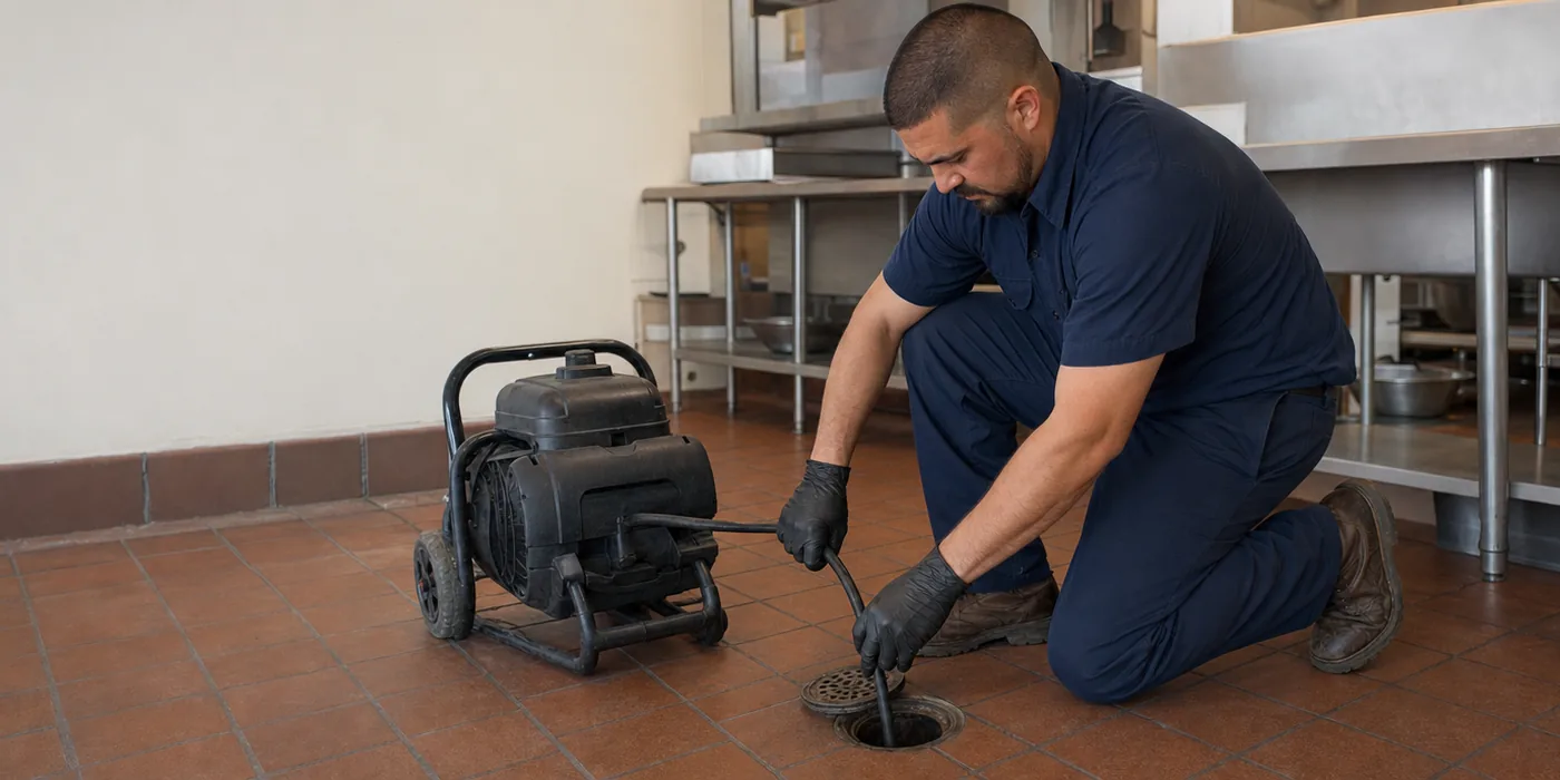 Plumber using a jetter hose at a commercial kitchen floor cleanout