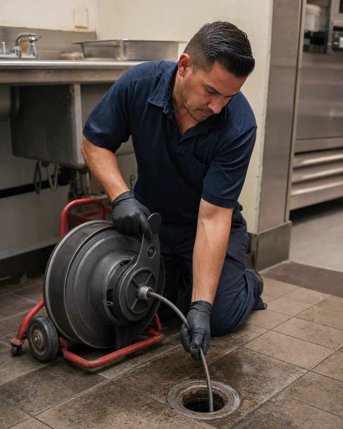 Plumber using a drain cleaning machine at a commercial kitchen floor drain