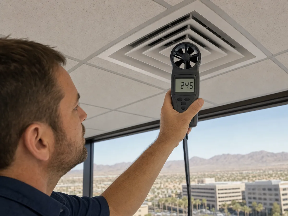 Technician checking airflow at an office ceiling diffuser