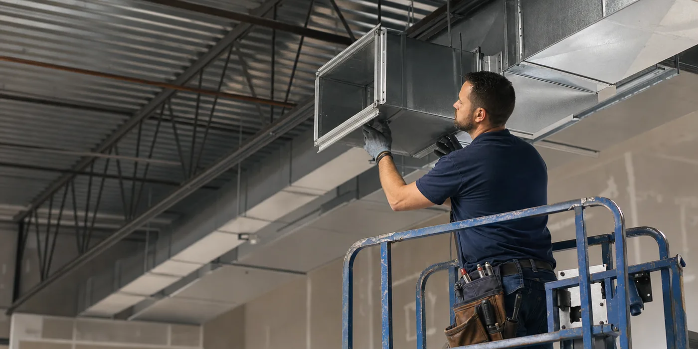 Technician installing rectangular ductwork below a commercial ceiling