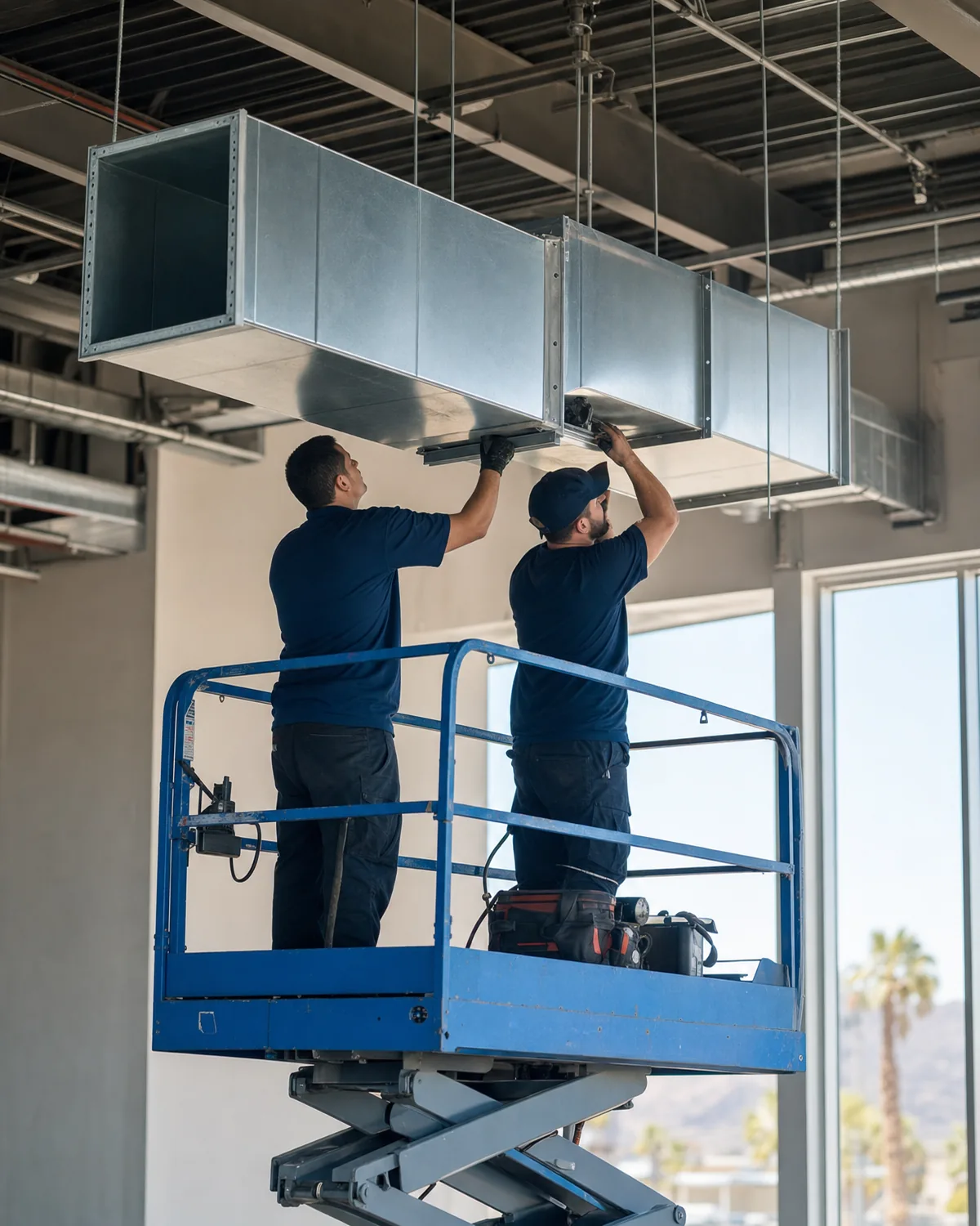 Two technicians hanging rectangular ductwork in an open commercial space