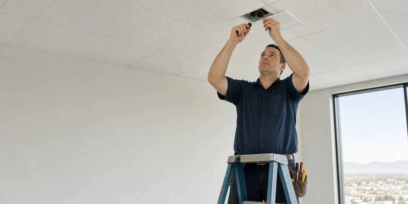 Electrician working on an office ceiling junction box in Las Vegas