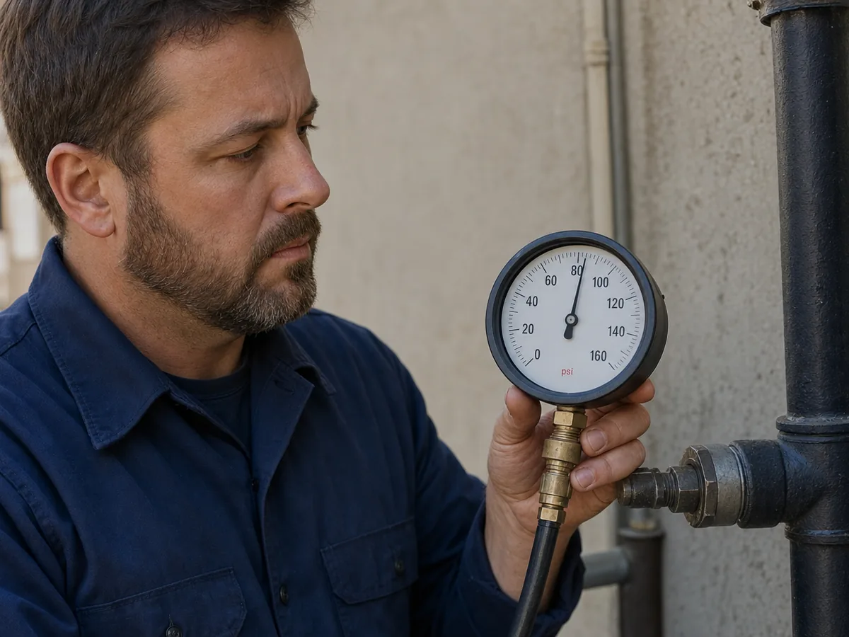 Plumber reading a gas pressure gauge connected to a commercial gas line