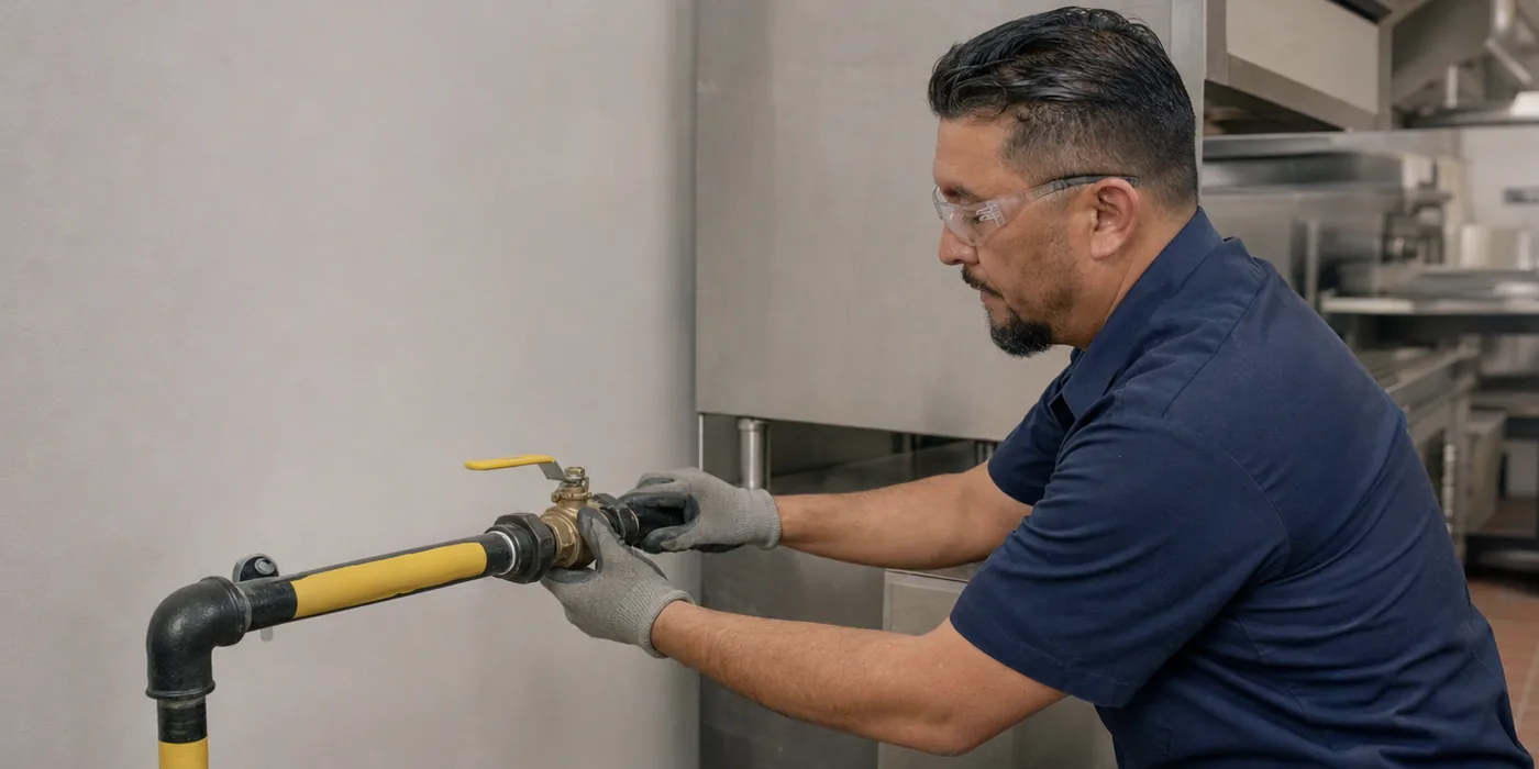 Plumber fitting a gas pipe and shutoff valve behind commercial kitchen equipment