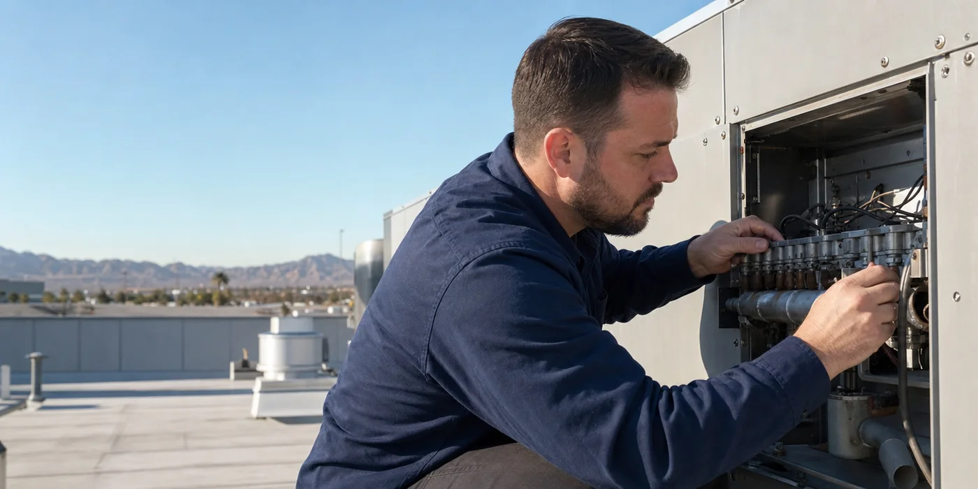 Technician inspecting an open commercial rooftop heating unit in Las Vegas