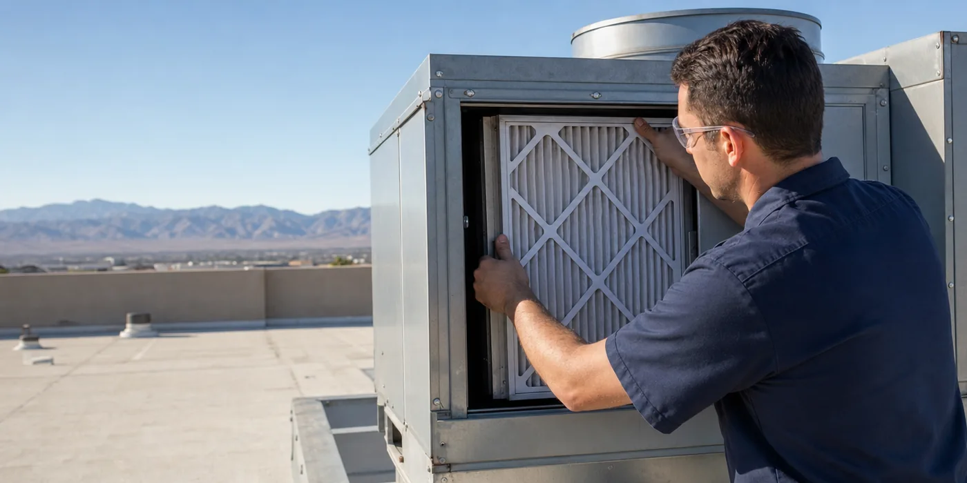 Technician servicing a rooftop HVAC unit on a Las Vegas commercial roof