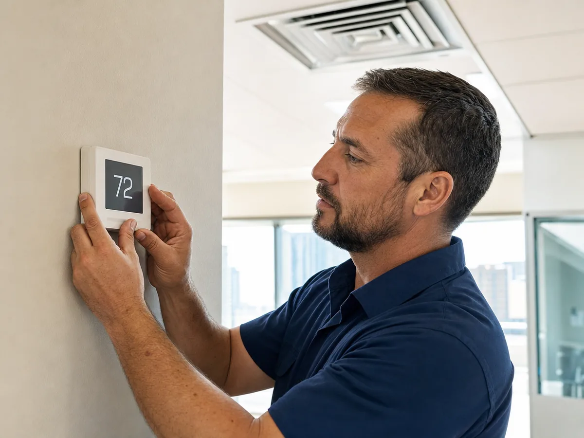Technician adjusting a wall thermostat in a commercial office