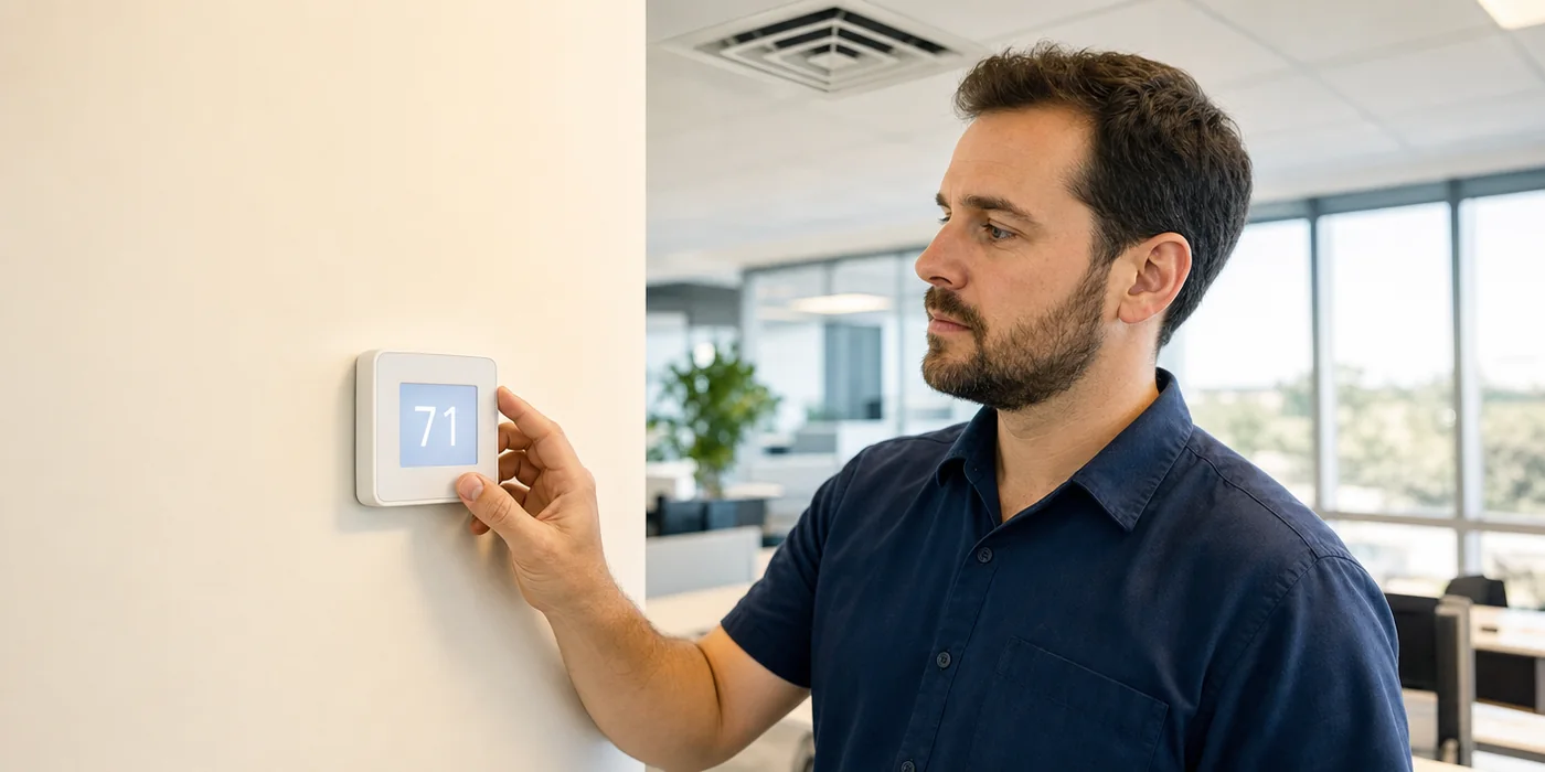 HVAC technician adjusting a lit commercial thermostat showing 71 in a bright office