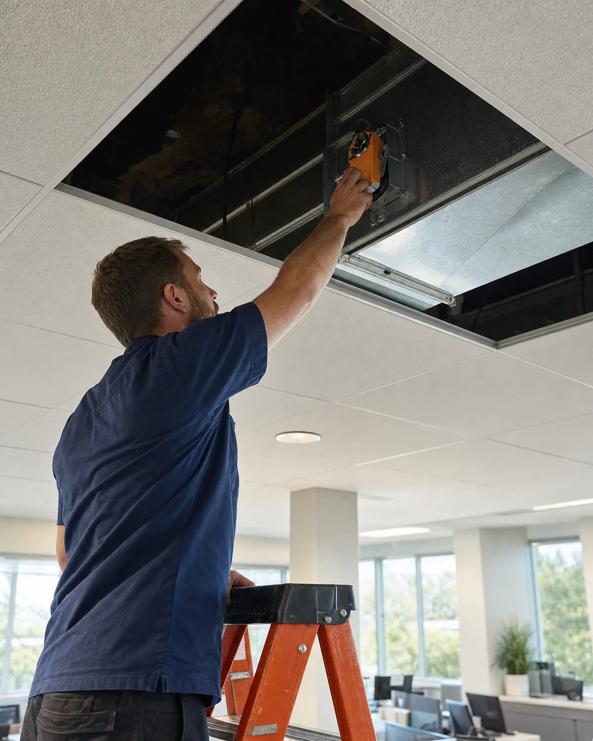 HVAC technician on a stepladder adjusting a zone damper actuator on ductwork above an office ceiling
