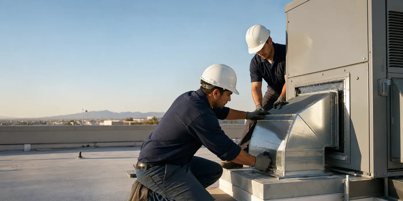Two technicians connecting ductwork to a new commercial rooftop HVAC unit in Las Vegas