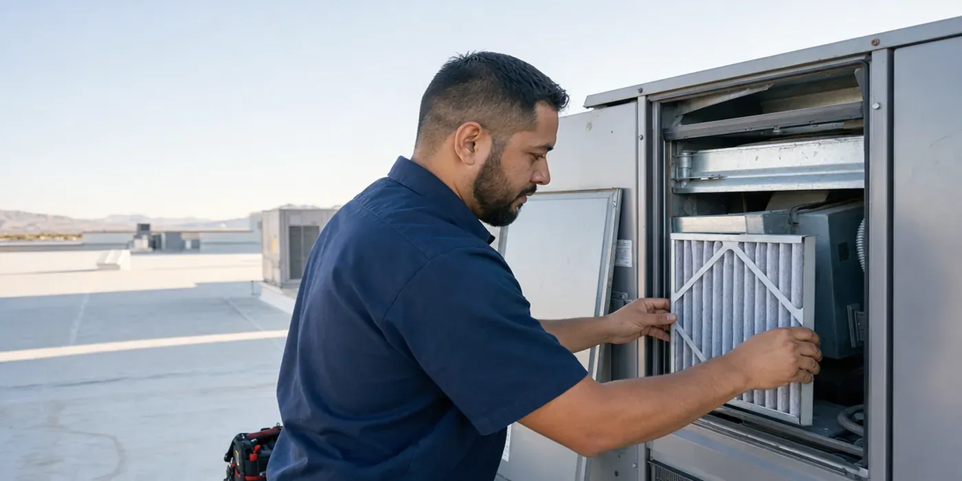Technician replacing an air filter in a commercial rooftop HVAC unit in Las Vegas