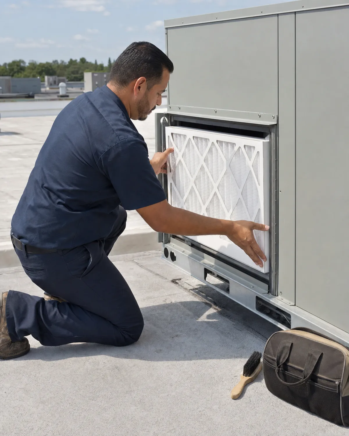 Technician sliding a pleated filter into an open rooftop HVAC unit, with a brush and toolbag nearby