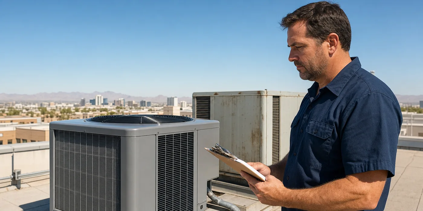 Technician reviewing upgraded commercial rooftop HVAC equipment in Las Vegas