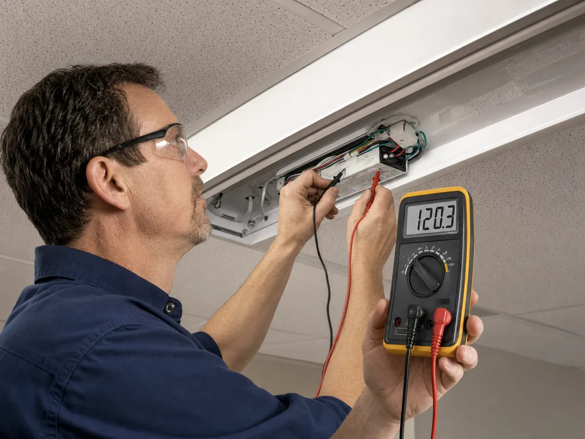 Electrician testing a commercial light fixture with a digital meter
