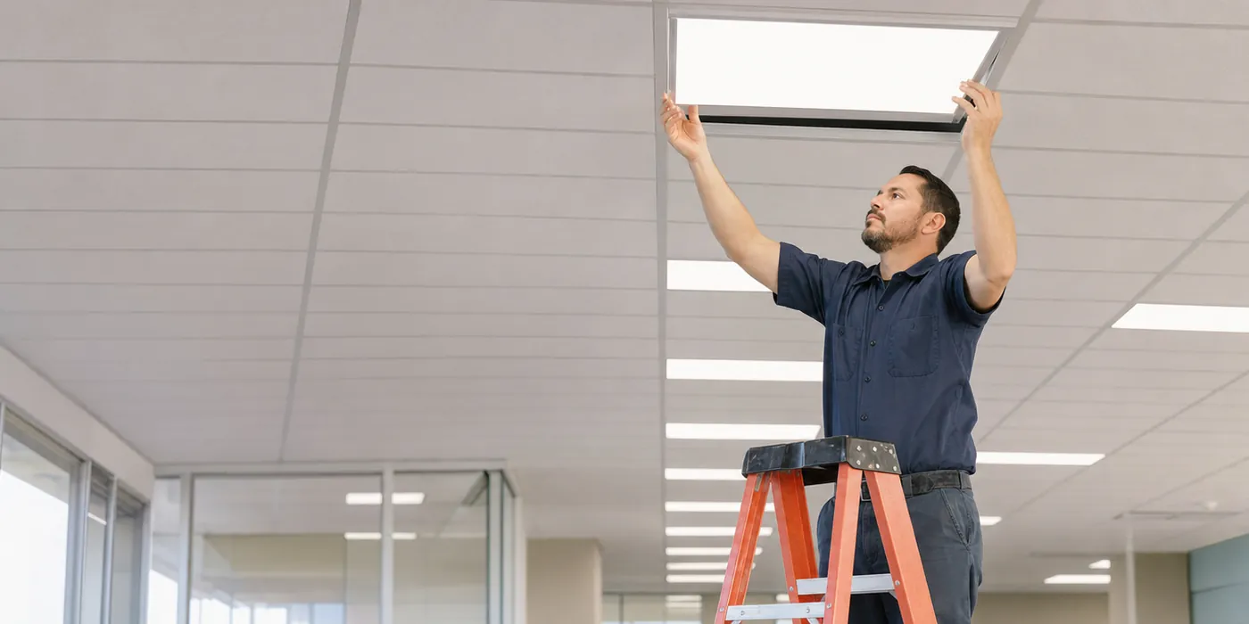 Electrician installing a ceiling light panel in a Las Vegas office