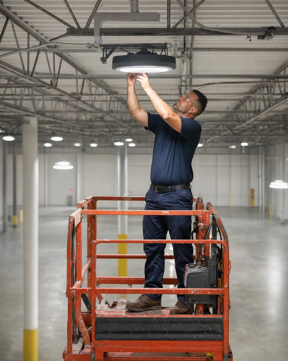 Electrician on a lift installing a high-bay light in a commercial warehouse