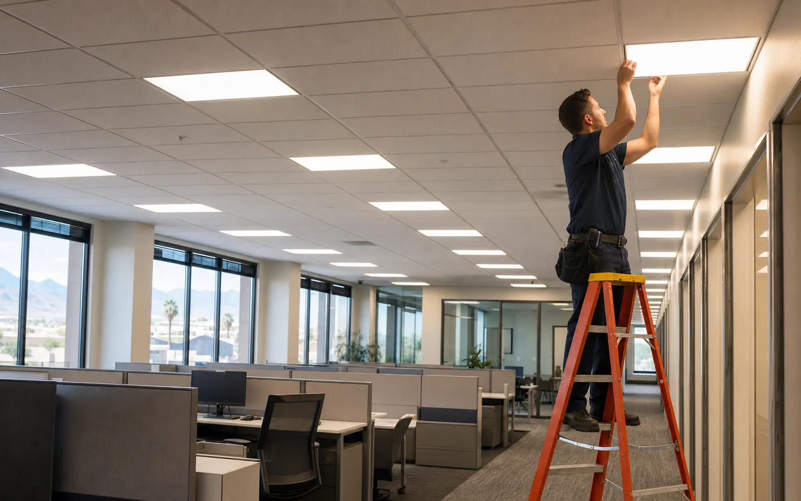 Electrician installing panel lighting in a Las Vegas office