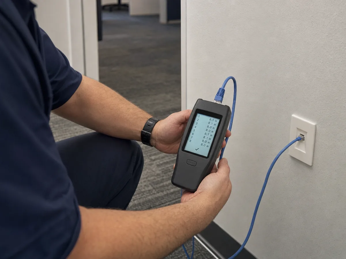 Technician testing an office data jack with a handheld network cable tester