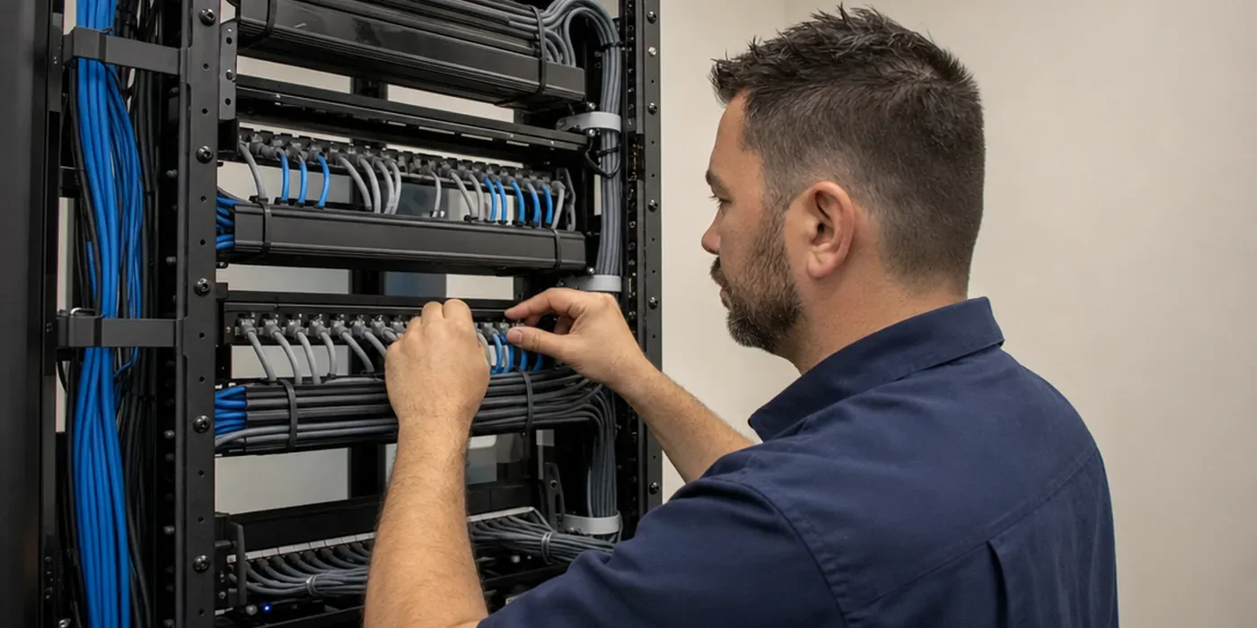 Technician terminating network cables at a telecom rack