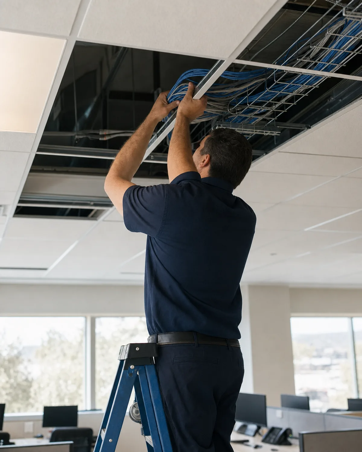 Technician on a stepladder placing data cables in a tray above an office ceiling