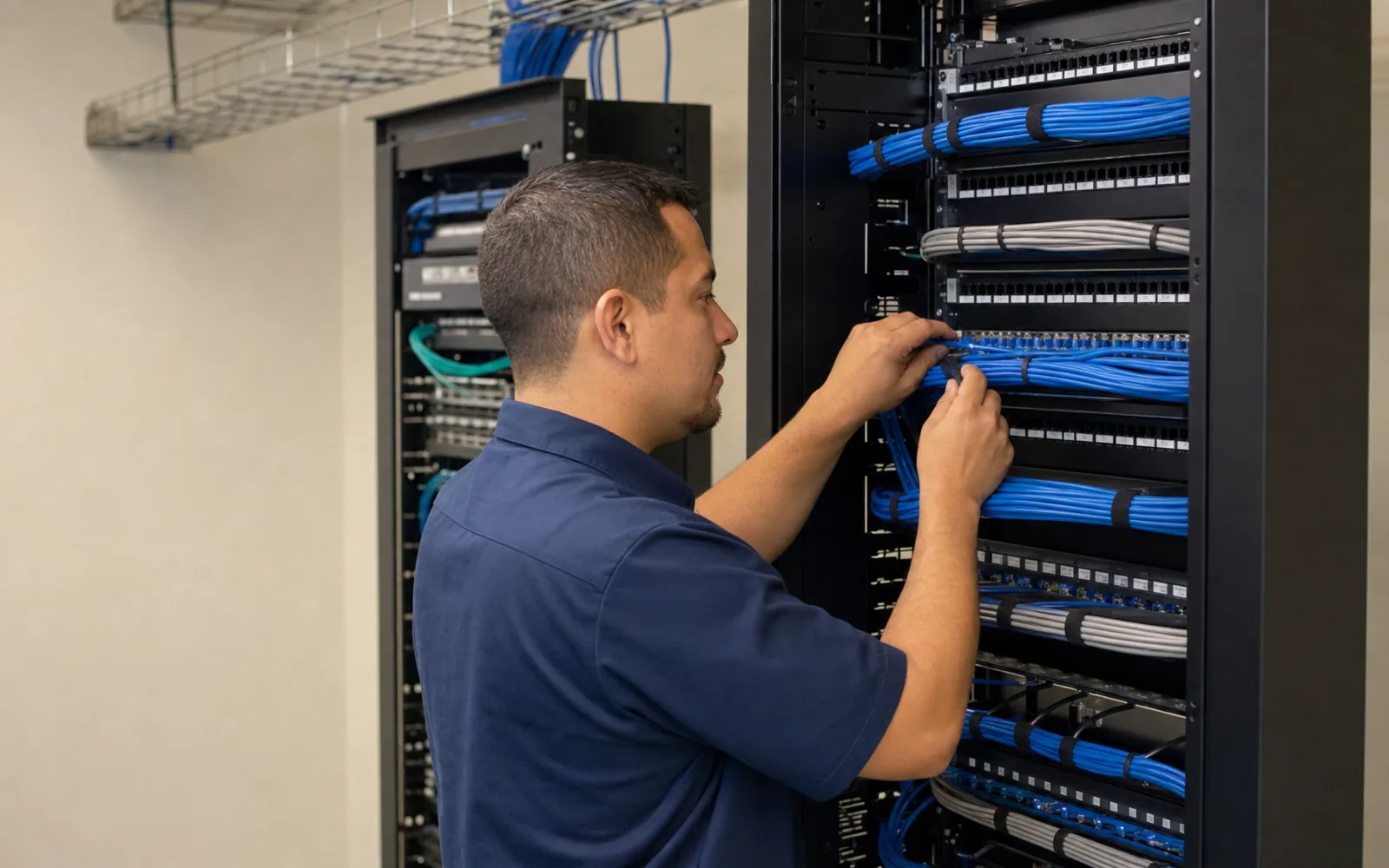 Technician dressing structured cabling between two open network racks