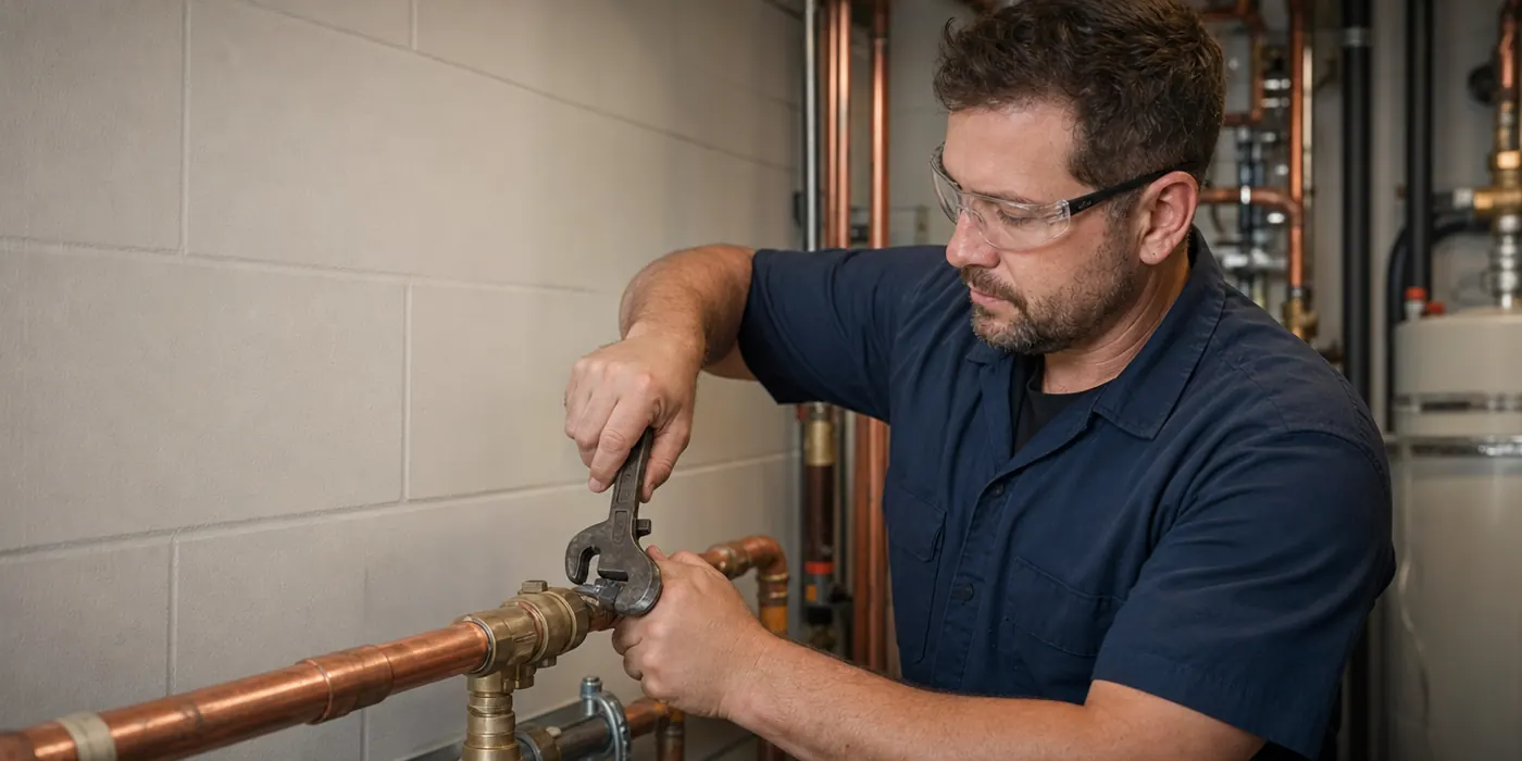 Plumber tightening new copper piping in a commercial mechanical room