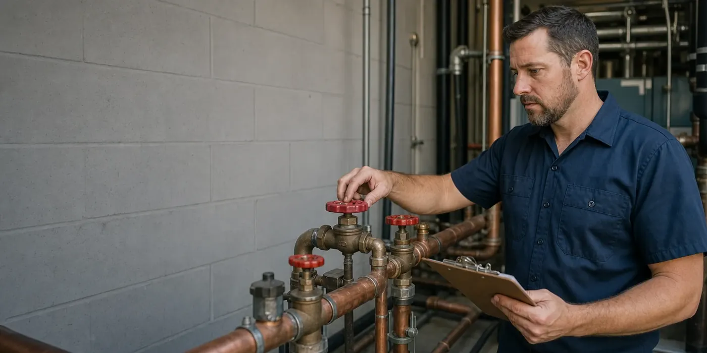 Plumber inspecting valves and piping in a commercial mechanical room