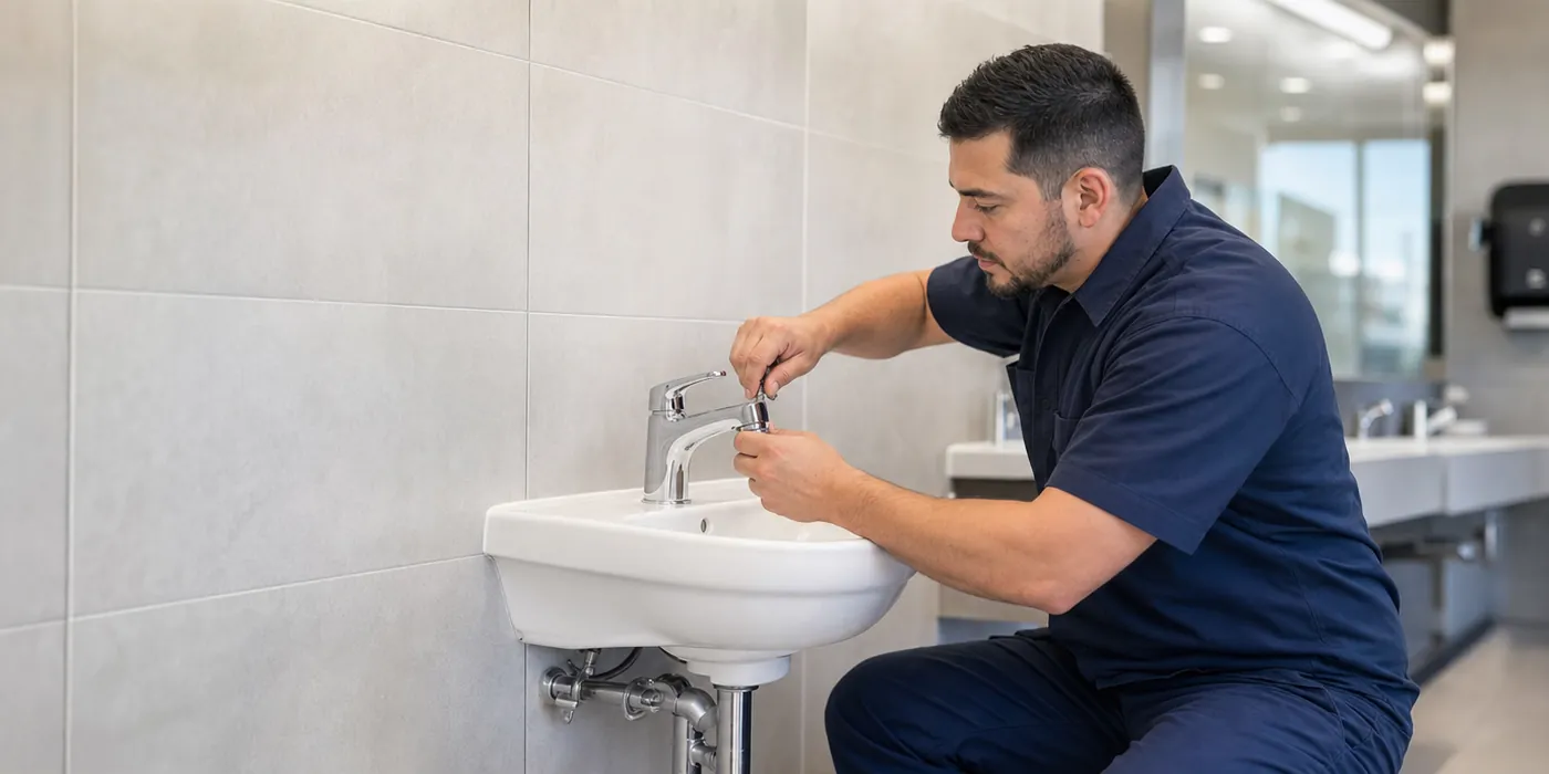 Plumber installing a faucet in a tiled commercial restroom
