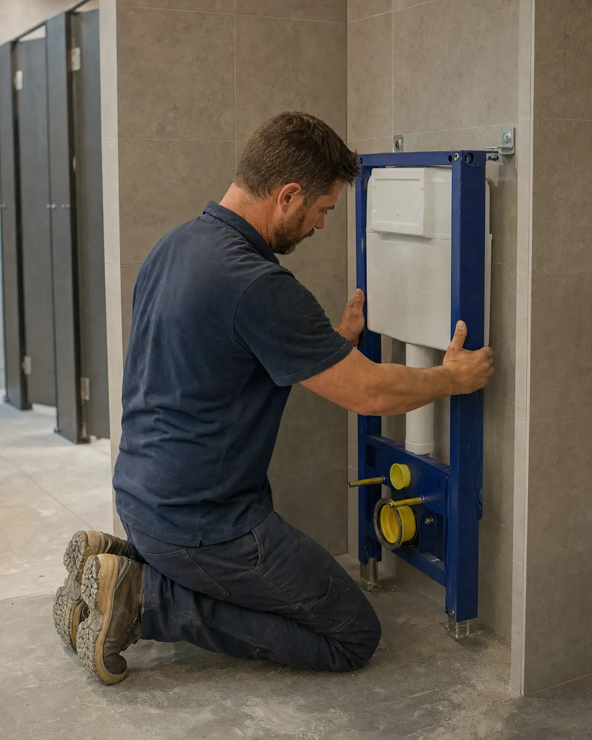 Plumber installing a wall-hung toilet carrier in a commercial restroom