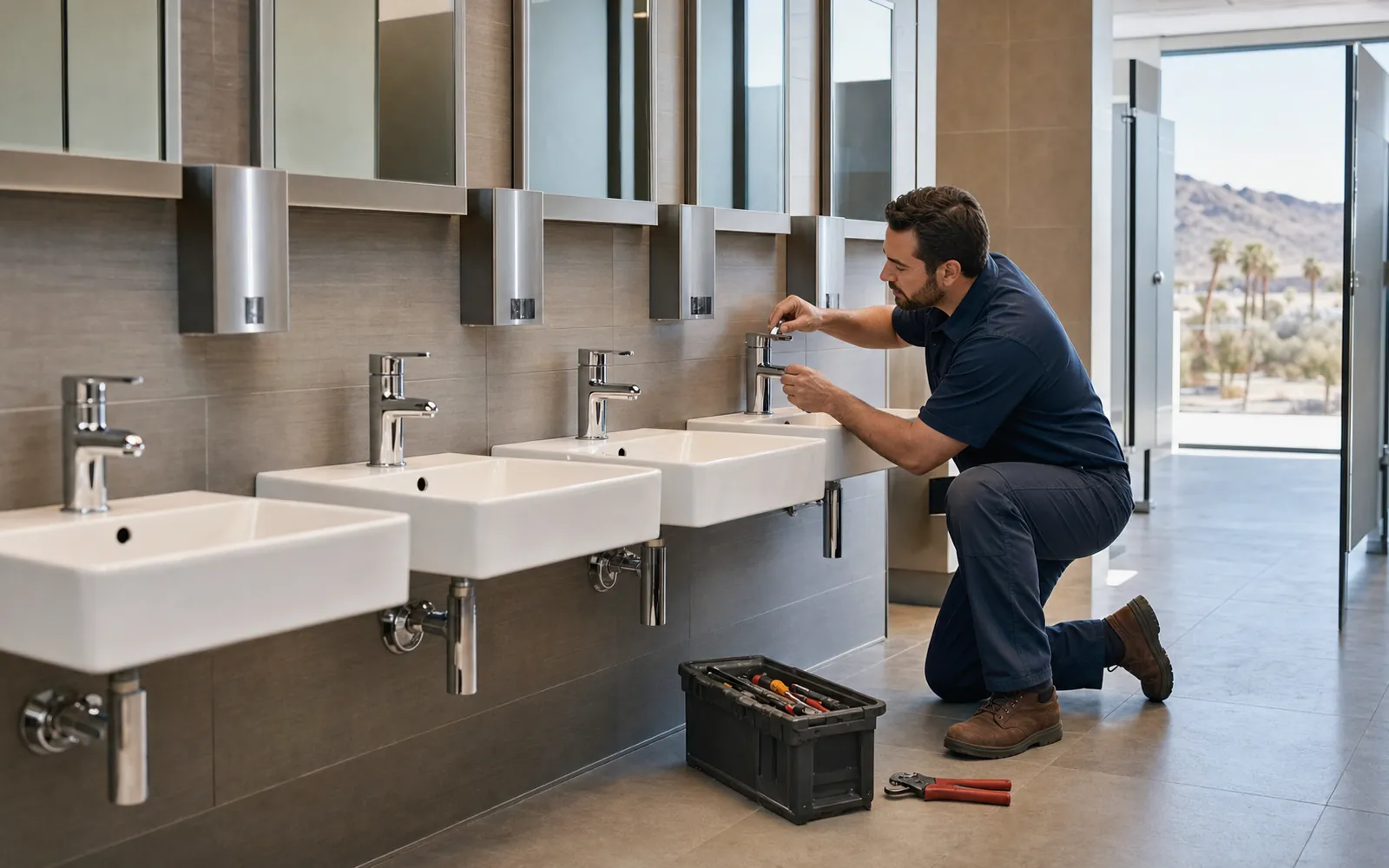 Row of commercial restroom sinks with a plumber checking a faucet
