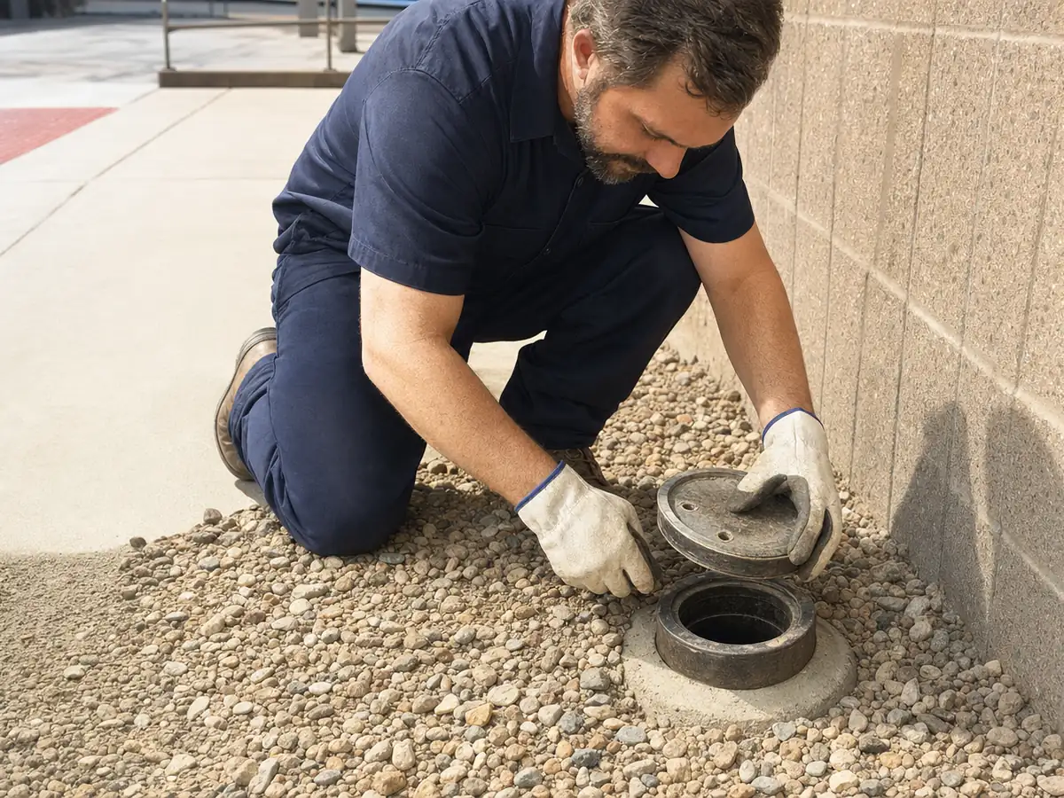 Plumber opening a sewer cleanout beside a commercial building