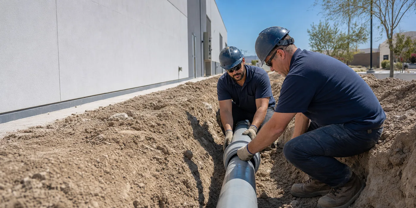 Two plumbers fitting a sewer line beside a commercial building in Las Vegas