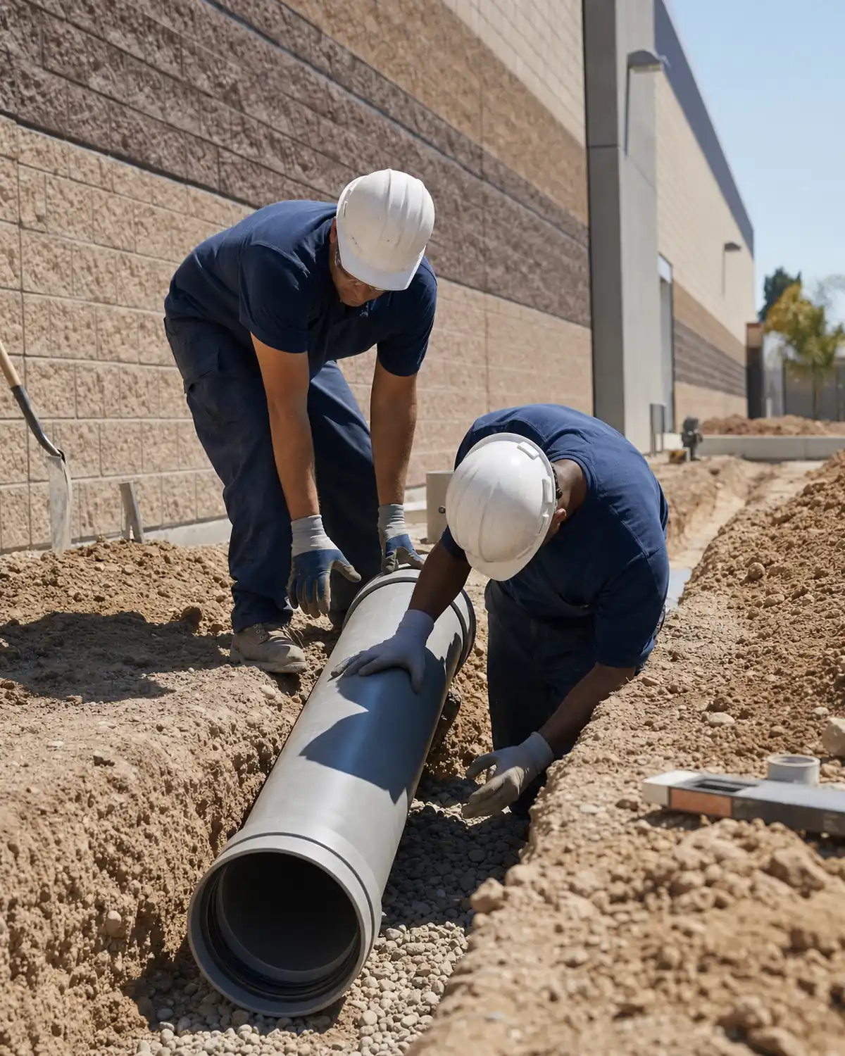 Plumbers setting a sewer pipe beside a commercial building in Las Vegas