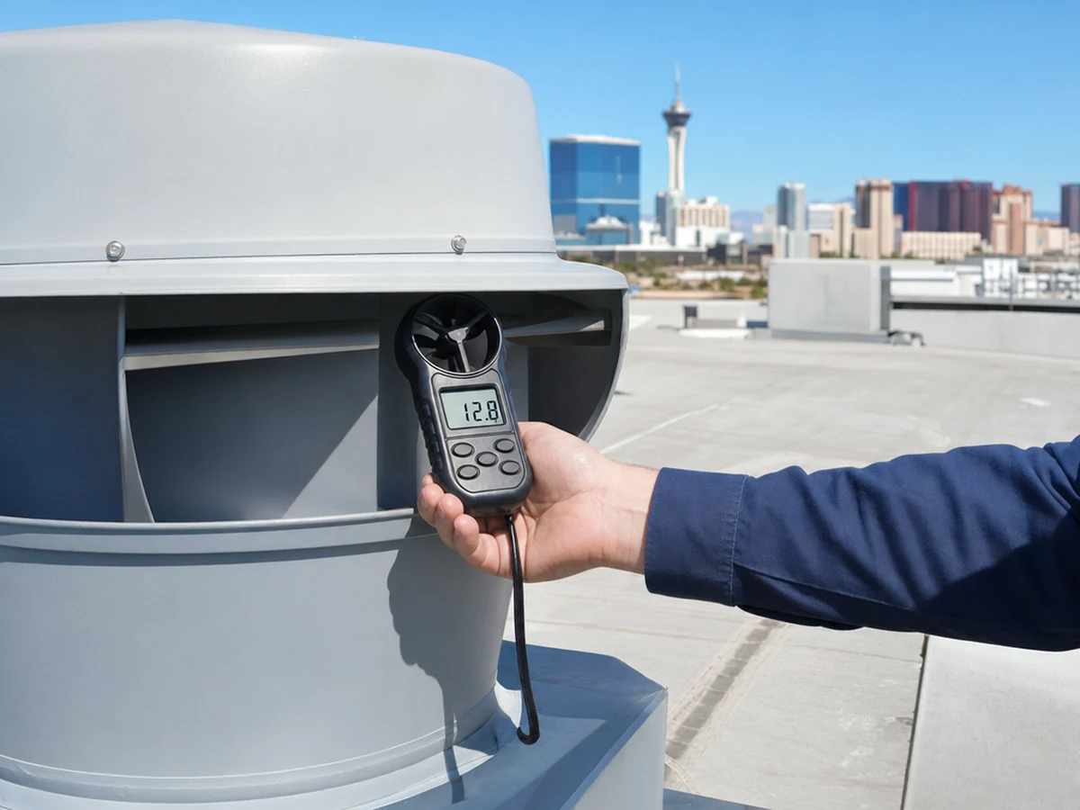Technician measuring airflow at a rooftop exhaust fan with a digital vane anemometer reading 12.8