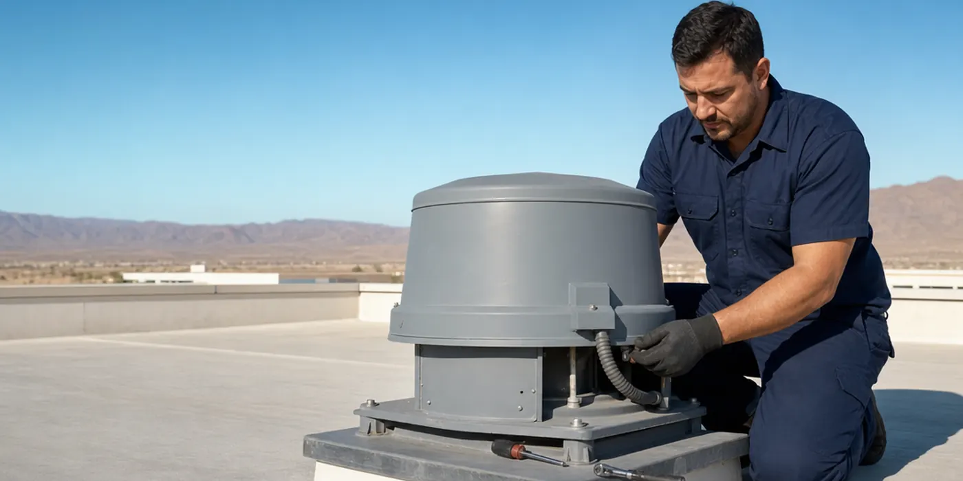Technician servicing a rooftop exhaust fan at a Las Vegas business