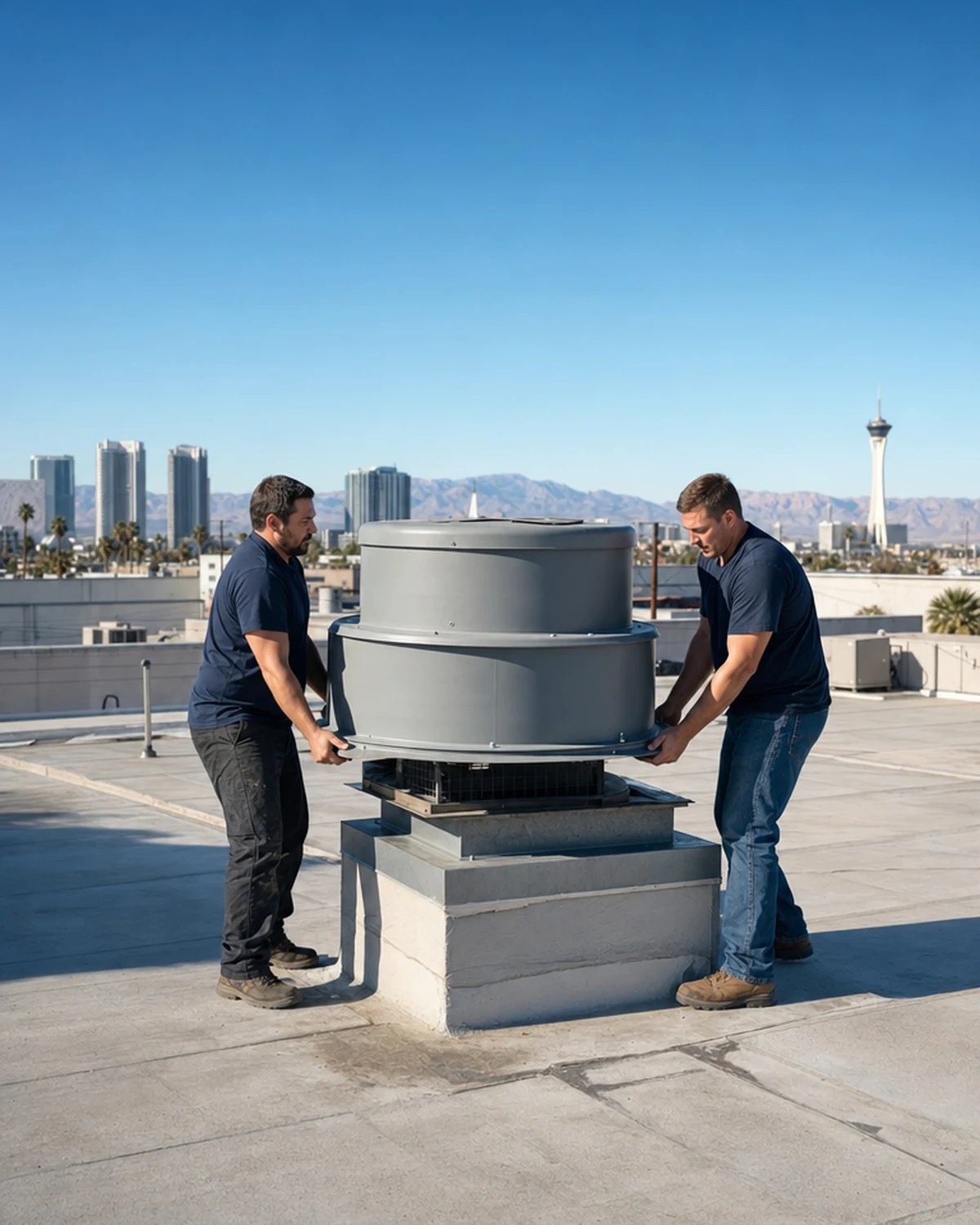 Two technicians setting a grey upblast exhaust fan onto a commercial roof curb