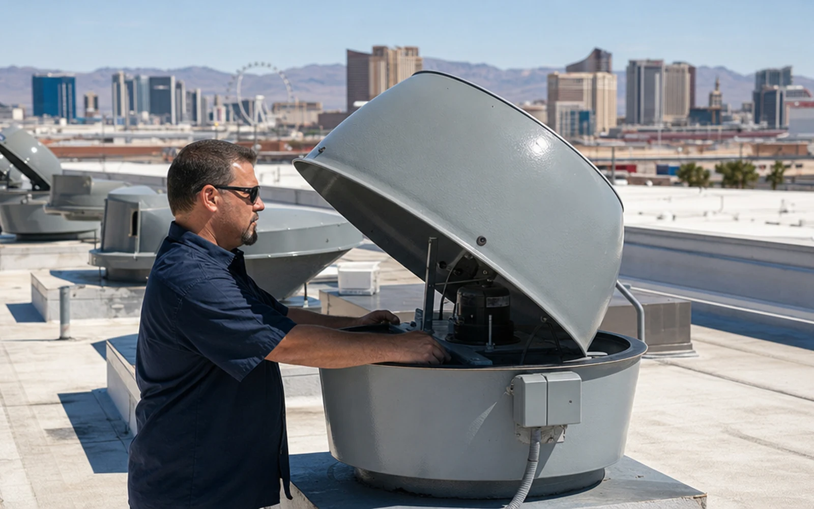 Technician servicing an open upblast exhaust fan beside a row of rooftop fans in Las Vegas