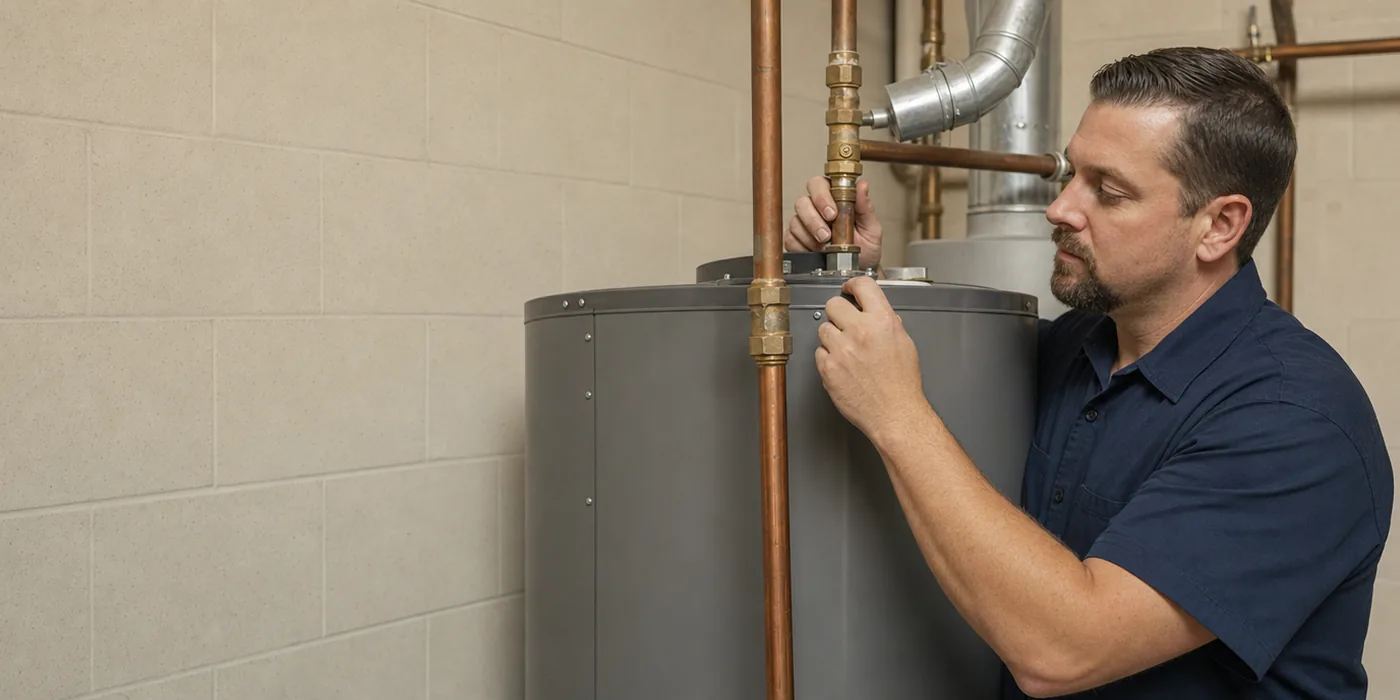 Plumber checking connections on a commercial tank water heater in a mechanical room