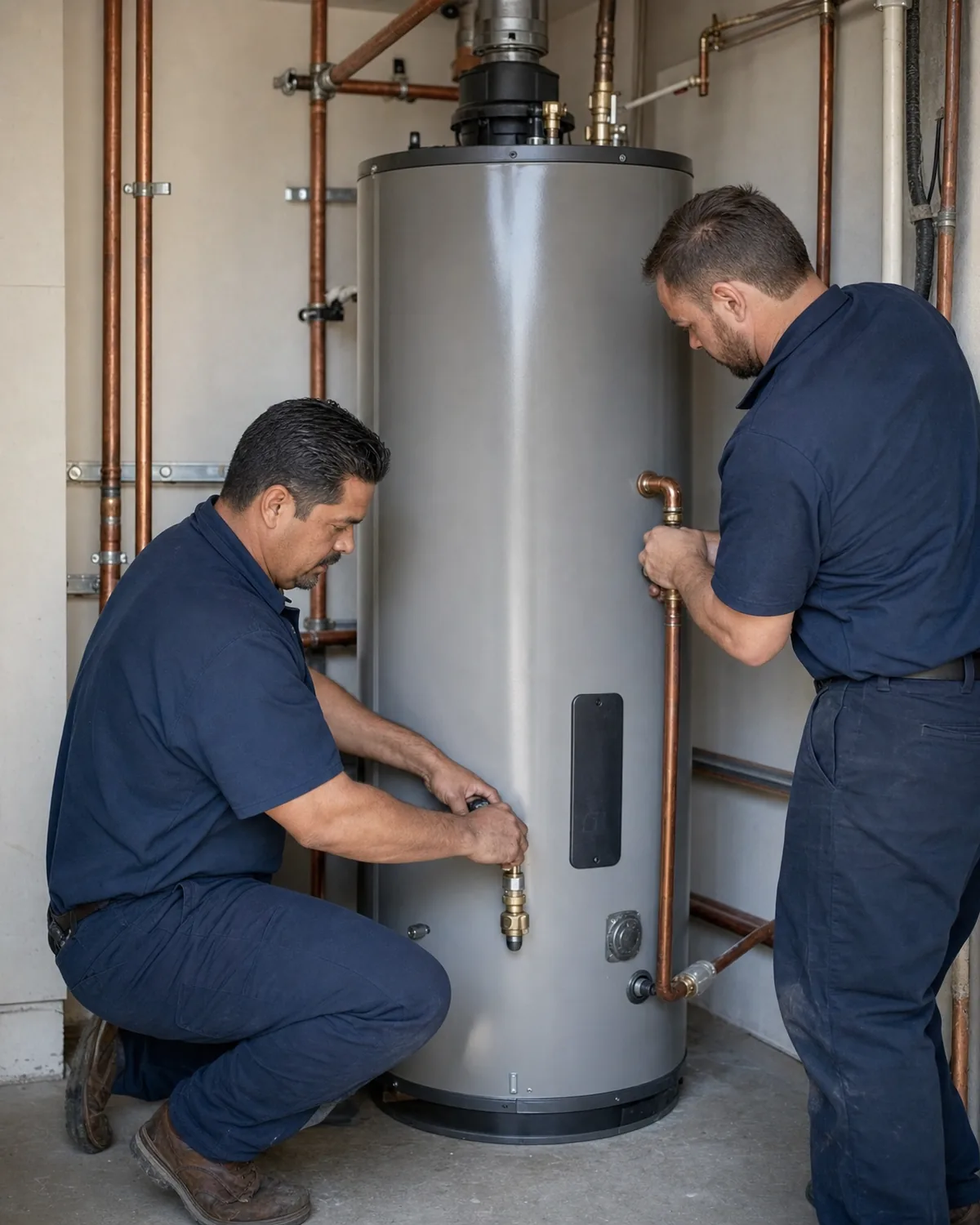 Two plumbers setting a commercial tank water heater in a clean mechanical room