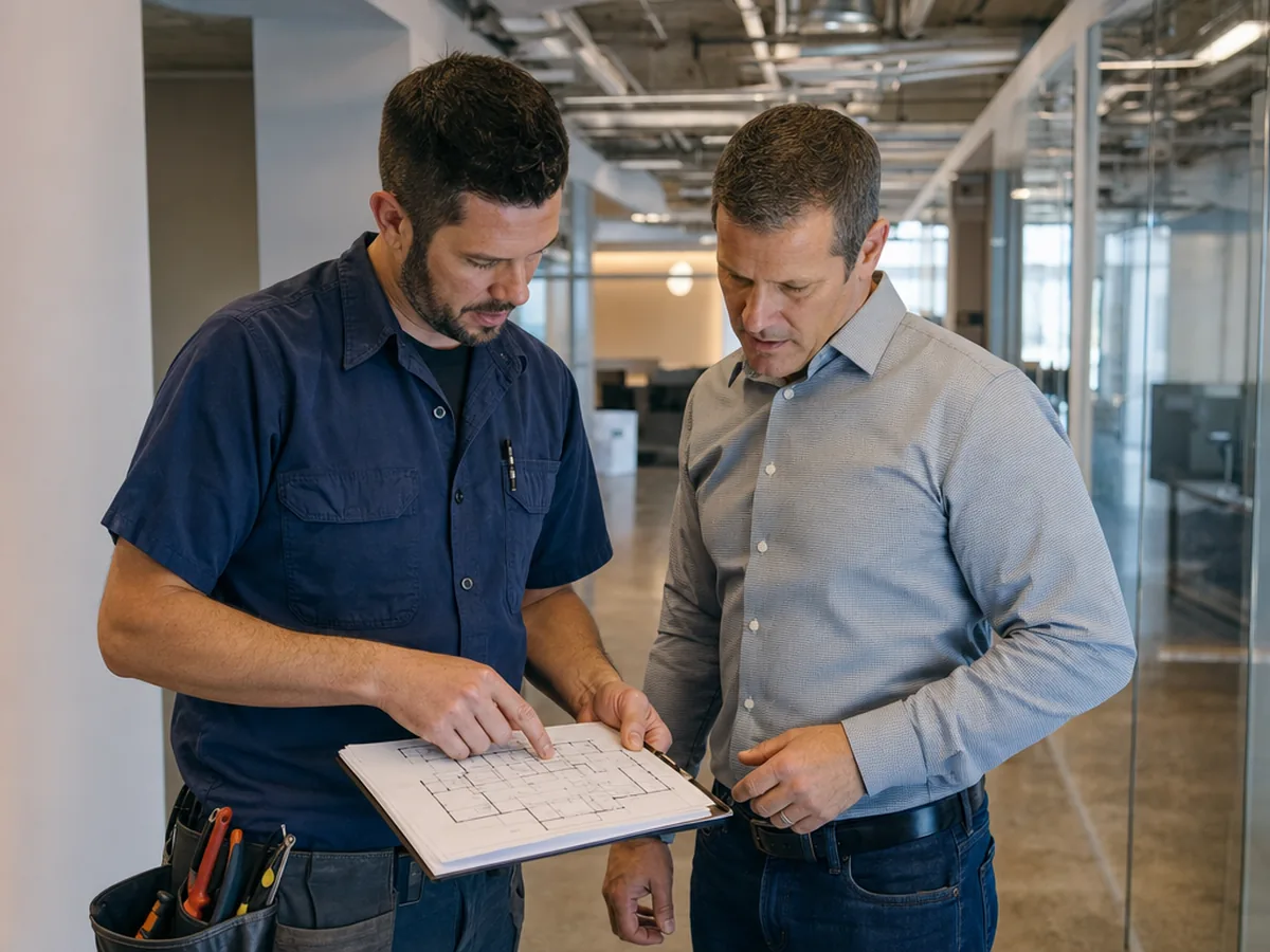 Electrician and facility manager reviewing plans for a commercial electrical project