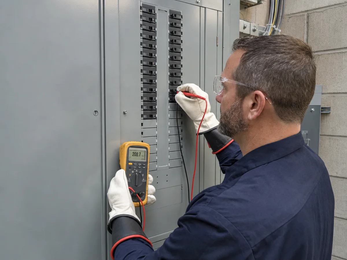 Electrician troubleshooting electrical equipment in a commercial space