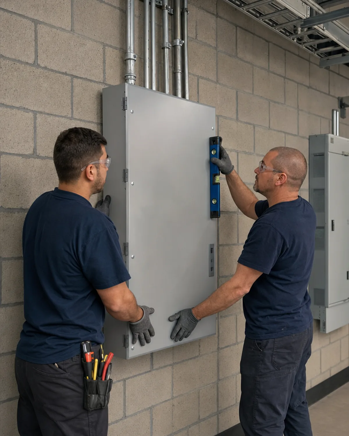 Two electricians mounting an electrical panel in a commercial building
