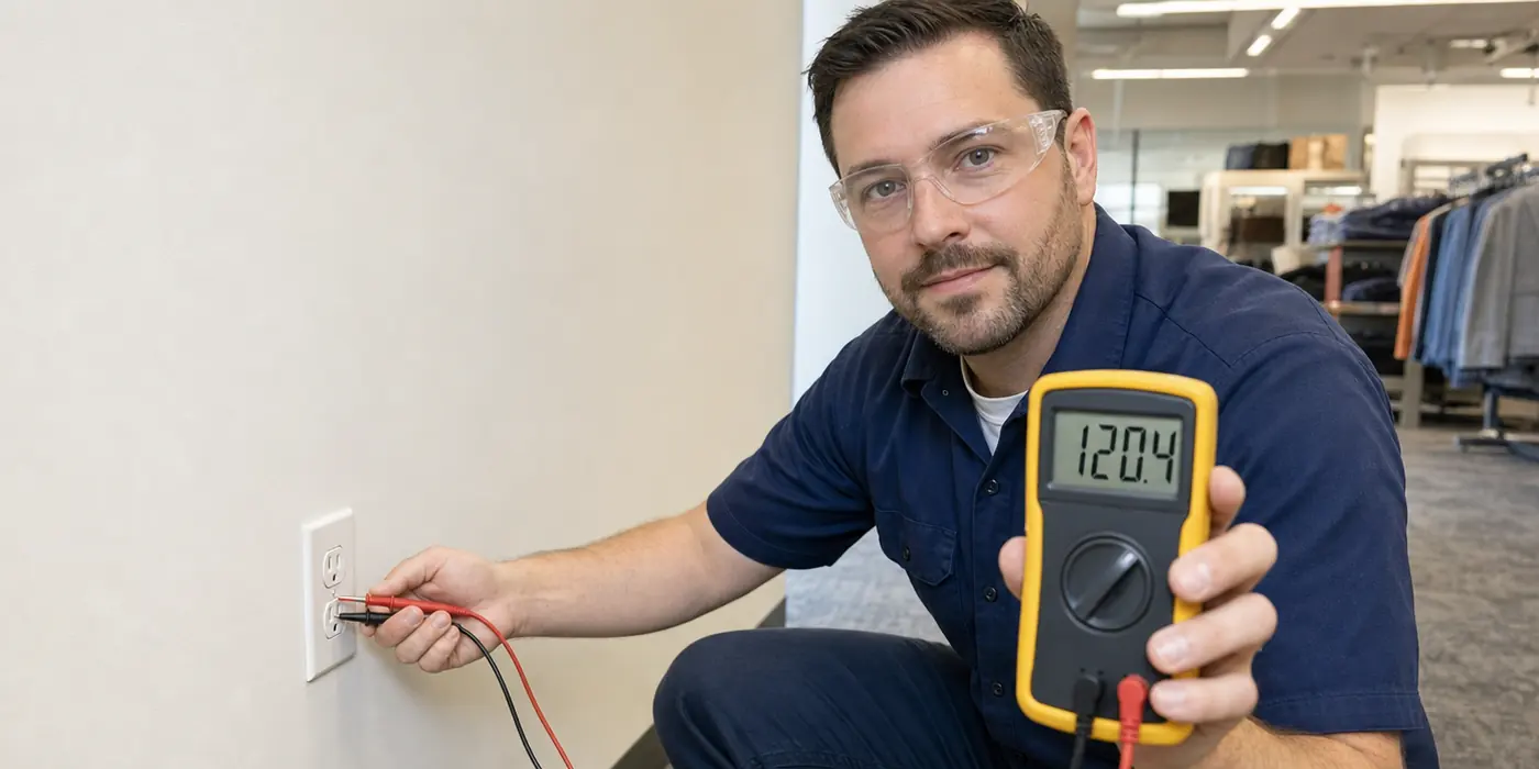 Electrician in safety glasses testing a commercial wall outlet with a yellow multimeter reading 120.4