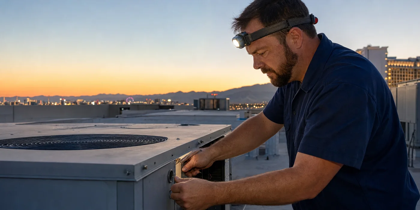 Technician with a headlamp inspecting commercial rooftop HVAC equipment at dusk