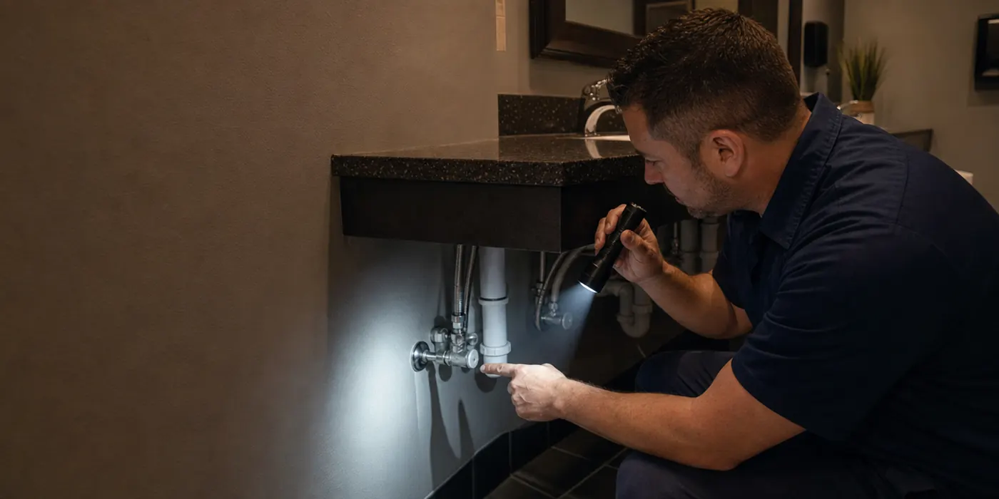 Plumber inspecting a shutoff valve under a commercial restroom counter at night