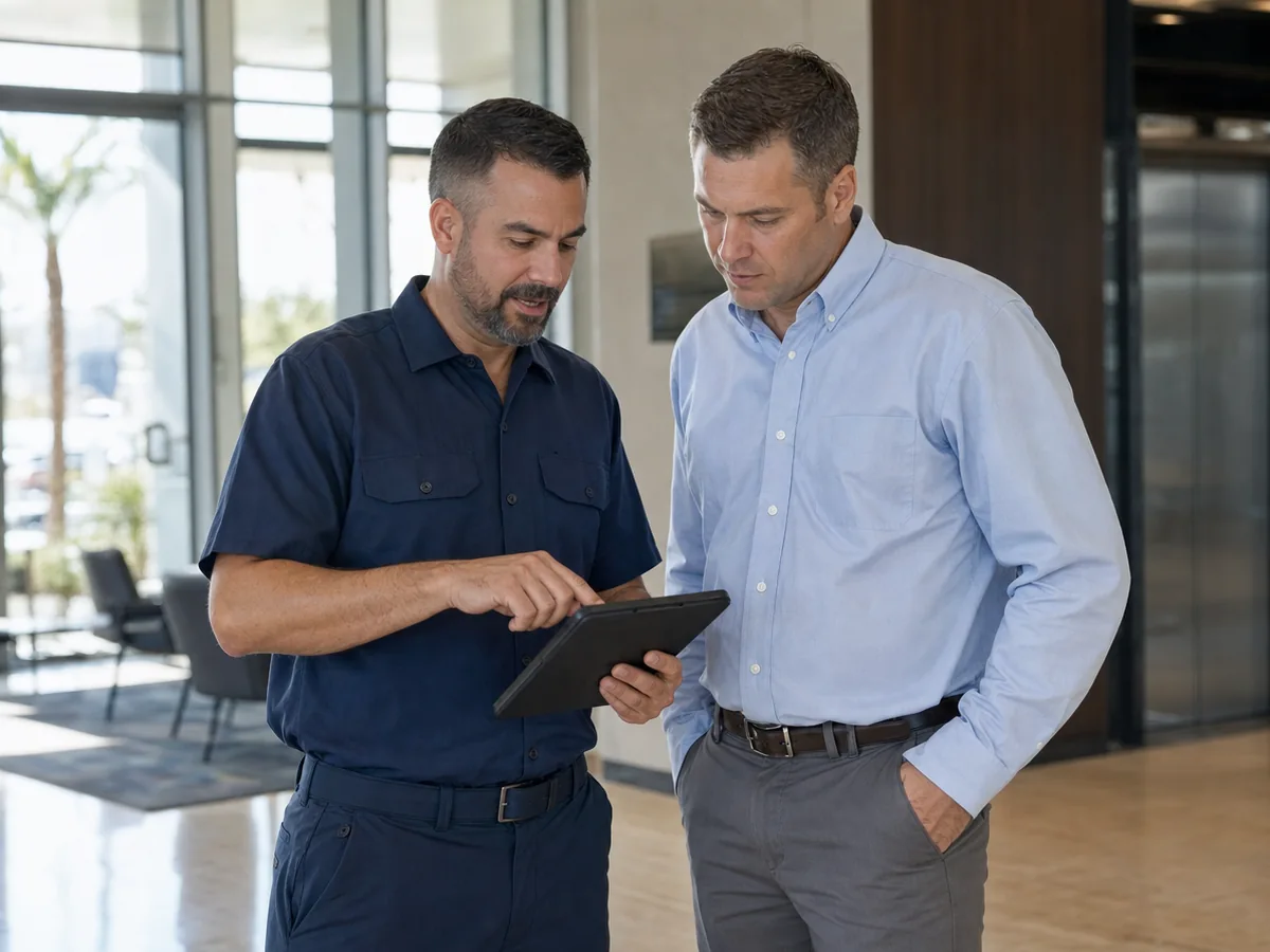 Technician discussing commercial HVAC work with a facility manager